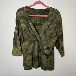 Vintage Babydoll Womens Top XL Green Marble Whimsigoth Grunge Sequin VNeck